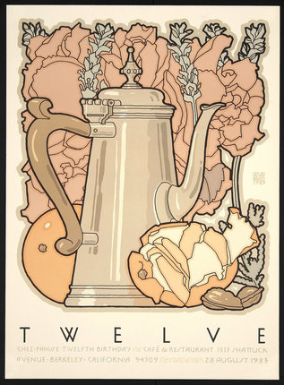 a poster with a teapot and flowers