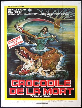a movie poster with a crocodile and a man holding an ax