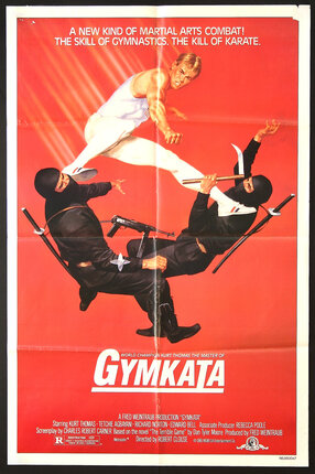 a movie poster of a man fighting with ninjas