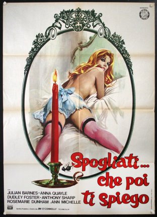 a poster of a woman lying on a bed with a candle