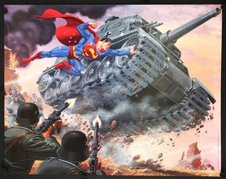 a painting of a man flying through a tank