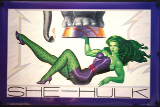 a green haired woman in purple tights holding an elephant