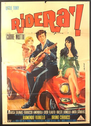 a poster of a man playing a guitar on a red car
