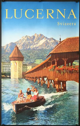 a poster of a boat on water with a bridge and mountains in the background