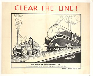 a black and white poster of a train and a man on a train