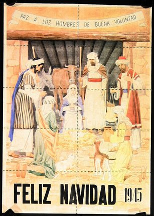 a poster of a manger with a donkey