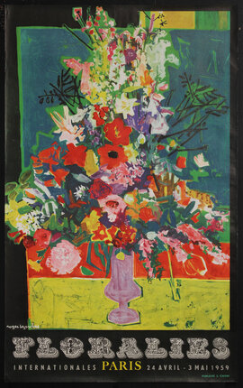 poster with ornate typography and abstract flowers in a vase