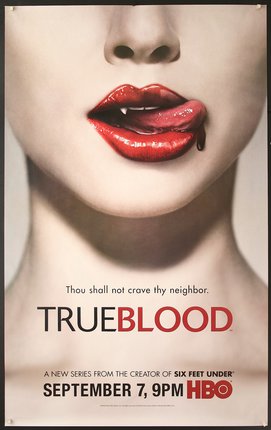 a poster of a woman's lips with blood on her lips