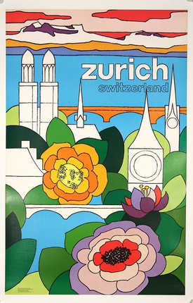 a poster with flowers and buildings