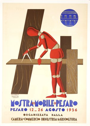 a poster of a man cutting a piece of wood