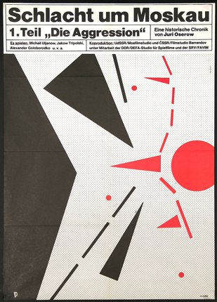 a poster with a red and black design