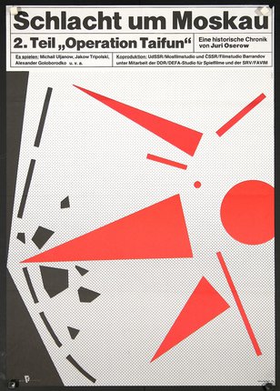 a poster with red and black shapes