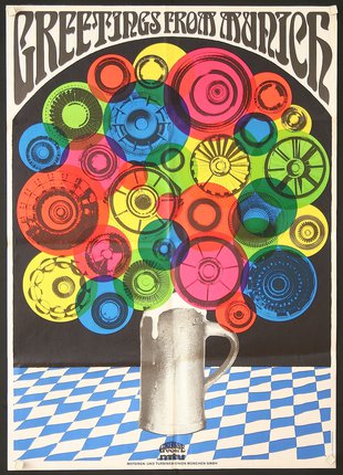 a poster with colorful circles and a mug