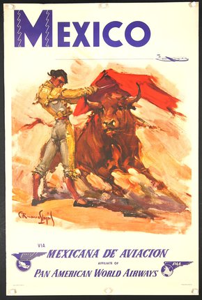 a poster with a man holding a bull