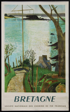 a poster of a seaside with a tree, a road, and light shining on the water in the background