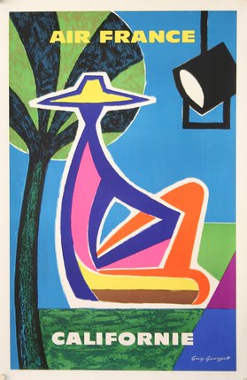 a colorful poster of a woman sitting in a chair under a tree