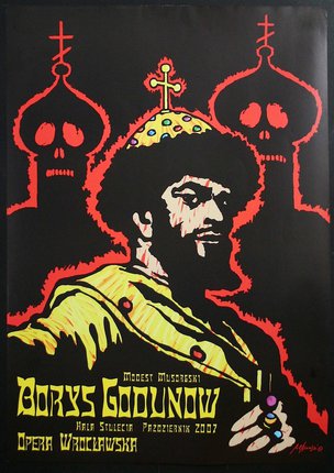 a poster of a man with a beard and a crown