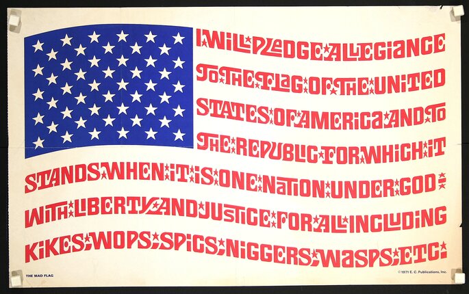 a flag with red and white text