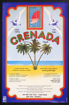a poster with palm trees and birds
