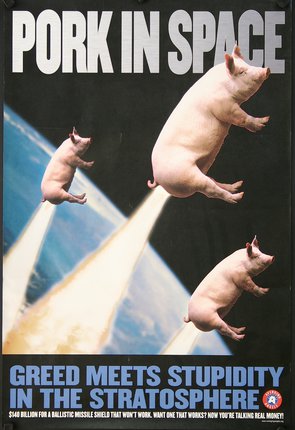 a poster with pigs flying in space
