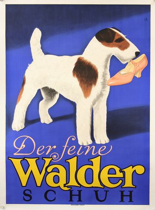 a poster of a dog with a shoe in its mouth