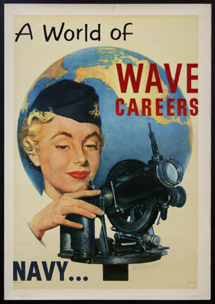 a poster of a woman holding a telescope