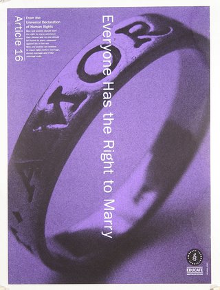 a purple and white poster with a ring
