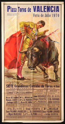 a poster of a man in a cape and a bull