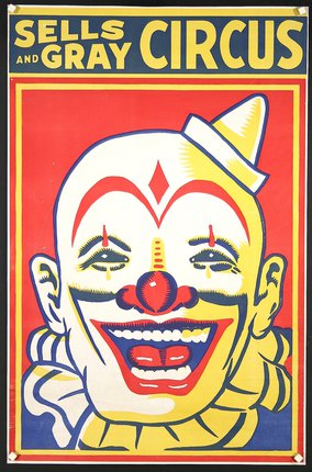 a clown face on a red background