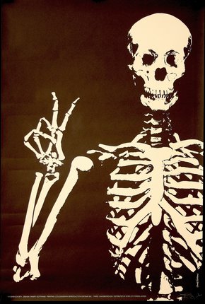 a skeleton with a hand gesture