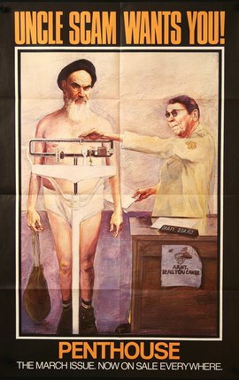 a poster of reagan weighing the ayatollah