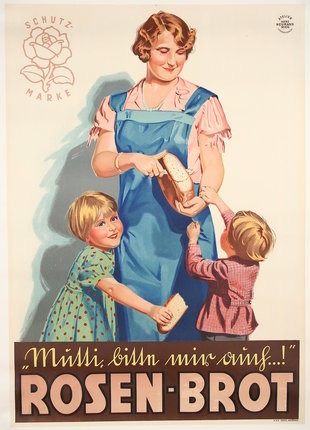 a woman and children holding bread