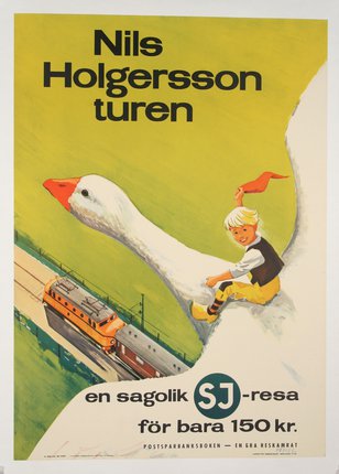 a poster of a boy riding a goose