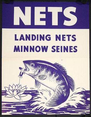 a blue and white sign with a fish jumping out of water