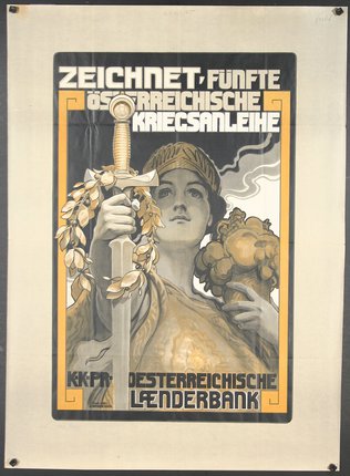 a poster with a woman holding a sword
