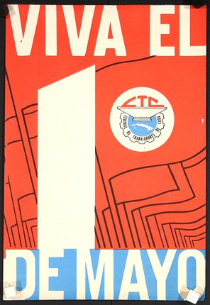 a red and white poster with a white number and a red and blue flag