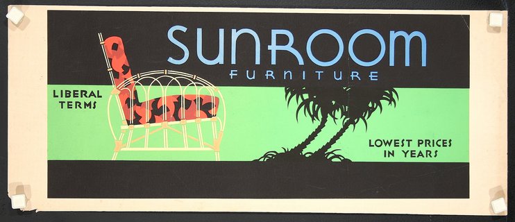 a sign with a chair and palm trees