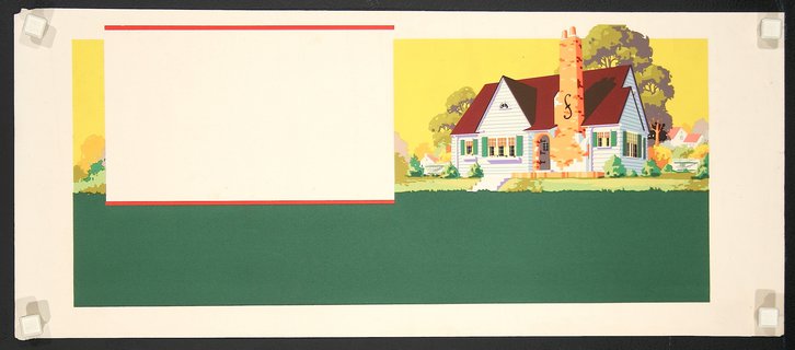 a white and green postcard with a house and a tower