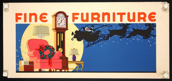 a poster with a clock and santa claus flying in the sky