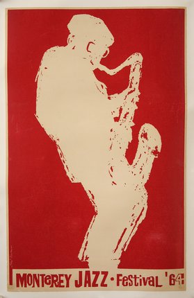 a red and white poster with a man playing a saxophone