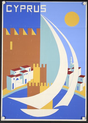 a poster of a sailboat in a city