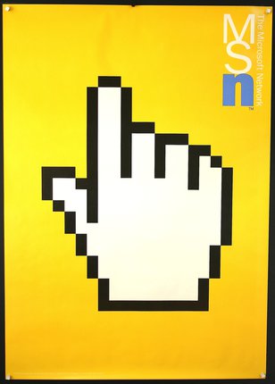 a yellow sign with a hand cursor