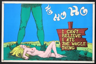 a poster of a woman lying on the ground with the Jolly Green Giant standing over her