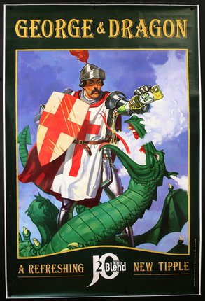 a poster of a knight holding a shield and a dragon