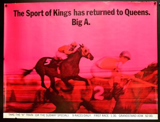 a pink poster with jockeys on horses