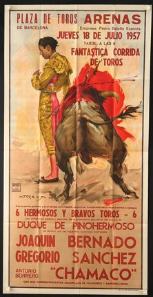 a poster of a bull fighting man