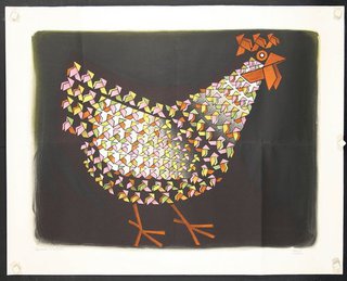 a chicken with many origami birds
