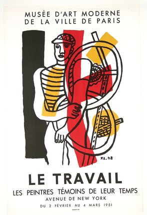 a poster with a man holding a wheel