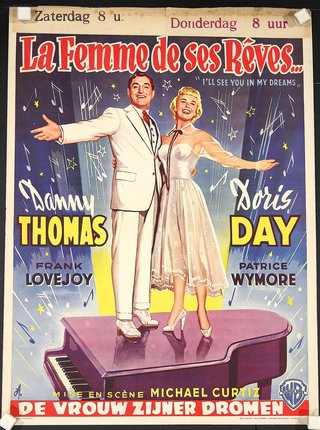 a poster of a man and woman standing on a piano