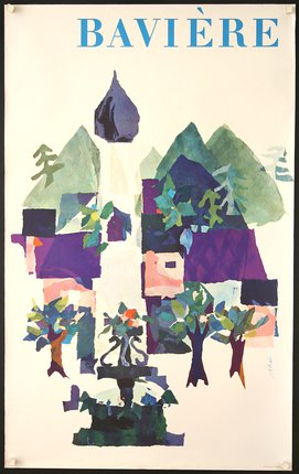 a poster with a house and trees